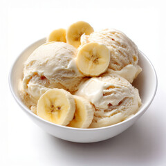 Banana ice cream scoops served in white bowl with fresh banana slices, creamy dessert with smooth texture and sweet flavor