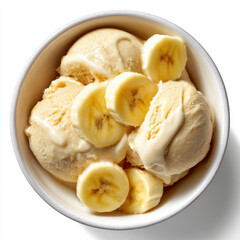 Banana ice cream scoops with fresh banana slices in white bowl, creamy dessert with smooth texture and natural fruit flavor