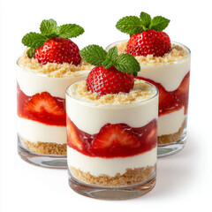 Strawberry dessert with creamy layers, crumbly base, fresh mint garnish, and vibrant red fruit creating sweet and refreshing