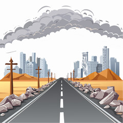 Fototapeta premium long, empty road cuts through a ruined cityscape under a stormy sky