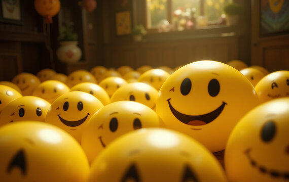 Smiling Yellow Emoji Balls with Warm Backlight and Cozy Mood