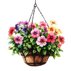 watercolor of Hanging Flower Baskets Bloom, vector, isolated on a white background.
