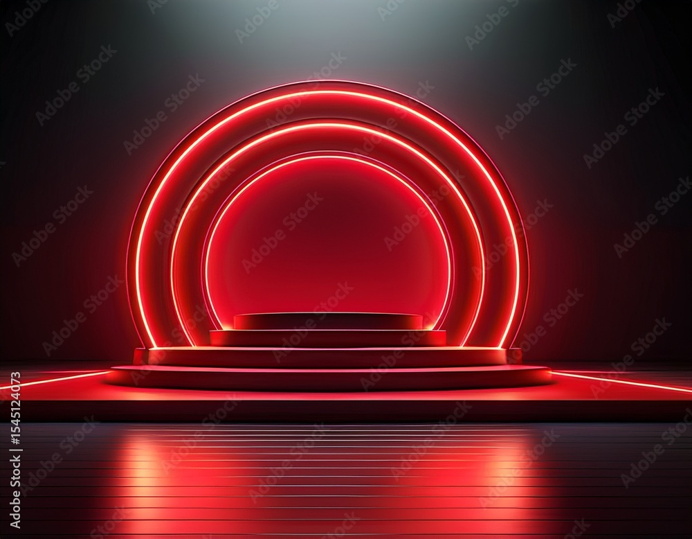 Aufkleber red neon circle illuminates a dark stage with a two tiered platform creating a dramatic backdrop