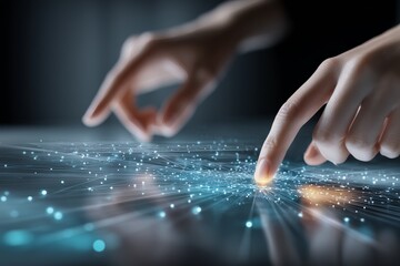 Close-up of hands using futuristic AI interface in office – AI-generated image