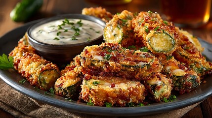 Crispy zucchini bites with creamy sauce.