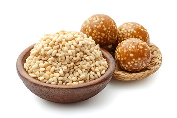 Delicious Sesame Balls and Puffed Rice Treats in Wooden Bowl Asian Snack Food