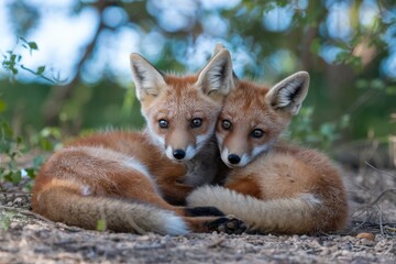 A portrait features several playful fox cubs peeking out from the edge of a lush forest.