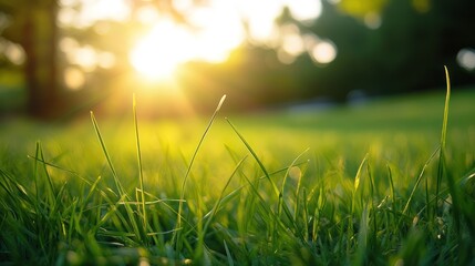 Naklejka premium Warm sunlit grass with soft focus background of trees and golden light rays