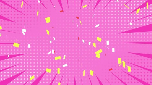 シームレスにループする紙吹雪アニメーション。ハーフトーンと効果線をあしらったポップアート背景,ピンク