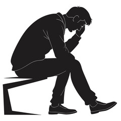  silhouette sad and tired man sitting on a bench on white background