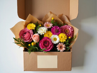 "Flat lay of a subscription flower delivery box opened to reveal assorted seasonal blooms wrapped in eco-friendly brown paper, personalized note card included, soft natural light