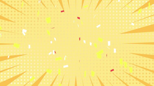 シームレスにループする紙吹雪アニメーション。ハーフトーンと効果線をあしらったポップアート背景,黄色