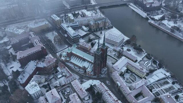 Winter aerial view the Wroclaw Cathedral (Katedra sw. Jana Chrzciciela) in Wroclaw, Poland