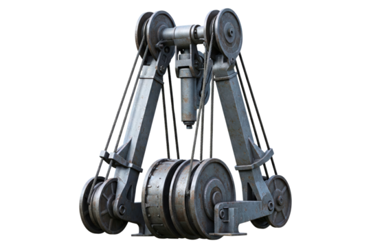 Complex industrial pulley system with metal components isolated on a transparent background