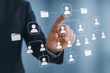 A person in a suit points to a company organization chart. Demonstrating management hierarchy, digital technology, and data analysis.