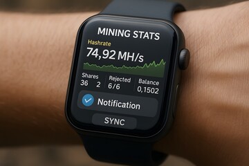 A smartwatch displaying real-time cryptocurrency mining data, with stats on hashrate and other key metrics. The cutting-edge technology is poised for the future of digital finance.