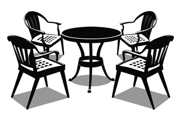 Black and White Illustration of Round Table Surrounded by Four Matching Chairs