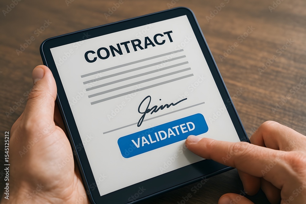 Poster a close-up captures a digital contract on a tablet screen being validated, demonstrating the ease an