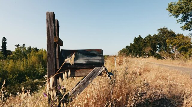 Old rural mailbox stands amid tall dry grass under blue skies beside a quiet country gravel road