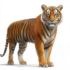 Obraz premium Tiger Standing in Profile on White – Striped Wildcat Pose for Cutout or Isolated Design
