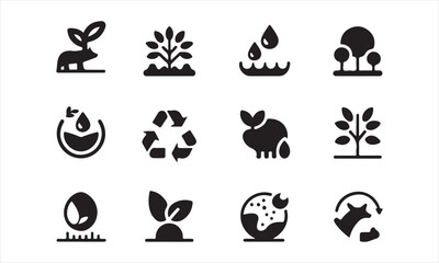 Set of Eco-Friendly Icons for Sustainable Living, set of 12 black and white vector icons depicts various aspects of sustainability and environmental responsibility vector art on white