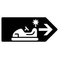 Arrow wayfinding icon pointing to bumper car theme park ride with transparent background symbolizing amusement park direction signage

