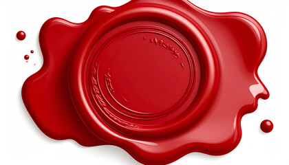 A vibrant red wax seal sits on a white background, featuring a circular design with flowing edges, evoking a sense of tradition and elegance