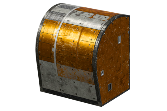 Weathered metallic module with orange and silver panels isolated on a transparent background