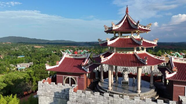 B-roll footage of the 500 Lohan Temple on Bintan Island showcases rows of life-sized stone arhats, intricate carvings, and a peaceful temple courtyard steeped in spiritual and cultural atmosphere.
