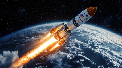 Obraz premium Powerful rocket launching into space, plumes of fire and smoke billowing behind, Earth visible in the background