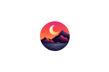 Sunset over mountains with crescent moon reflecting on calm water in serene landscape