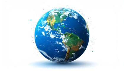 Fototapeta premium A vibrant depiction of Earth, showcasing continents, oceans, and swirling clouds against a clean, white background