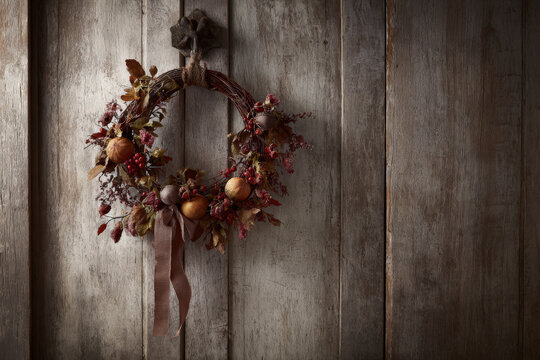 Rustic autumn wreath adorned with dried leaves, berries, and small pumpkins hangs on weathered wooden door, creating warm and inviting seasonal decor