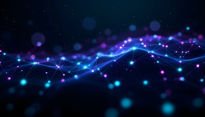 Glowing digital mesh background with interconnected nodes and smooth gradient transitions in teal and purple .