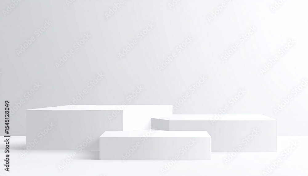 Poster minimalistic white geometric shapes arranged harmoniously in a bright, empty space, creating a seren