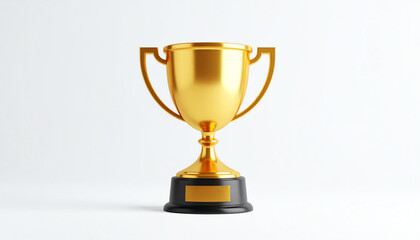 Fototapeta premium A shiny gold trophy stands on a black base, symbolizing achievement and victory against a plain white background