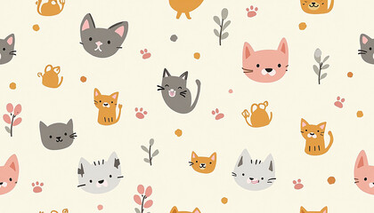 Obraz premium Cartoon Cat Faces Pattern on Cream Background Repeating Seamlessly