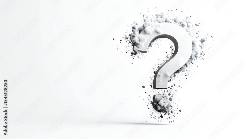Poster a 3d question mark appears to explode with clouds of dust and particles, symbolizing curiosity and u