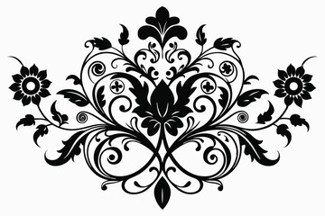 Ornate Black Floral Design with Swirls, Leaves, and Symmetrical Arrangement Illustration