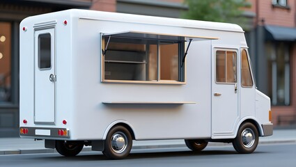 Blank white food truck on city street ready for branding