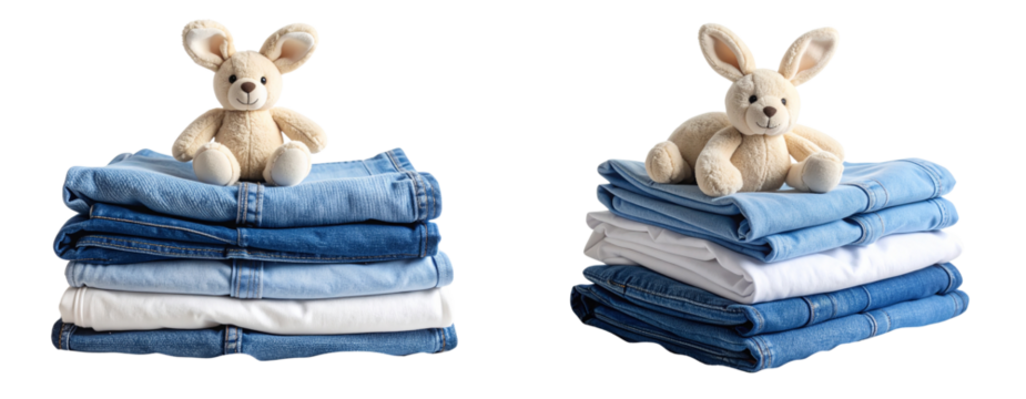 \Folded baby blue jeans with soft plush toy on fabric backdrop Transparent Background PNG
