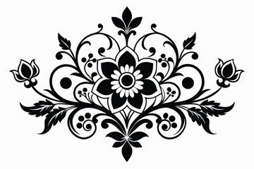 Black Floral Ornament Featuring Curvy Branches, Berries, and a Central Flower Motif Illustration