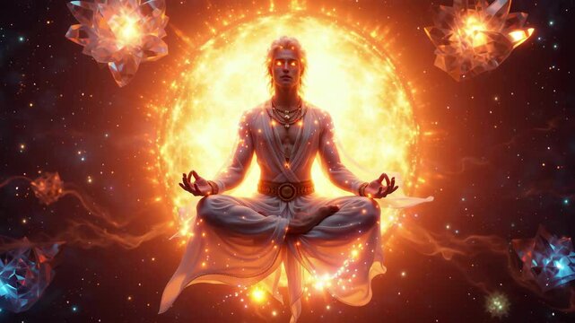 A man is sitting in the center of a sun with a lot of crystals surrounding him