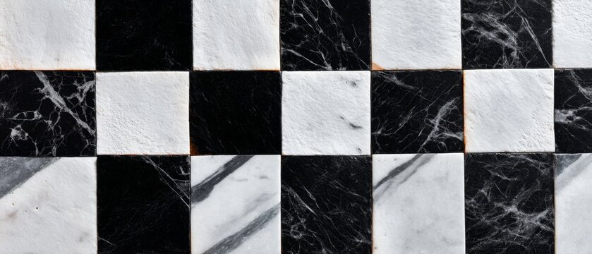 Seamless marble checkerboard pattern, luxury black and white tile mosaic, classic geometric background, elegant natural stone squares for interior, vintage wall or modern design