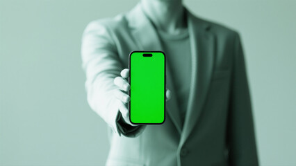 Elegant businessman showcasing smartphone with green screen for creative digital projects