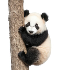 Obraz premium Baby panda climbing a tree branch in a playful posture with a transparent background, cutout PNG