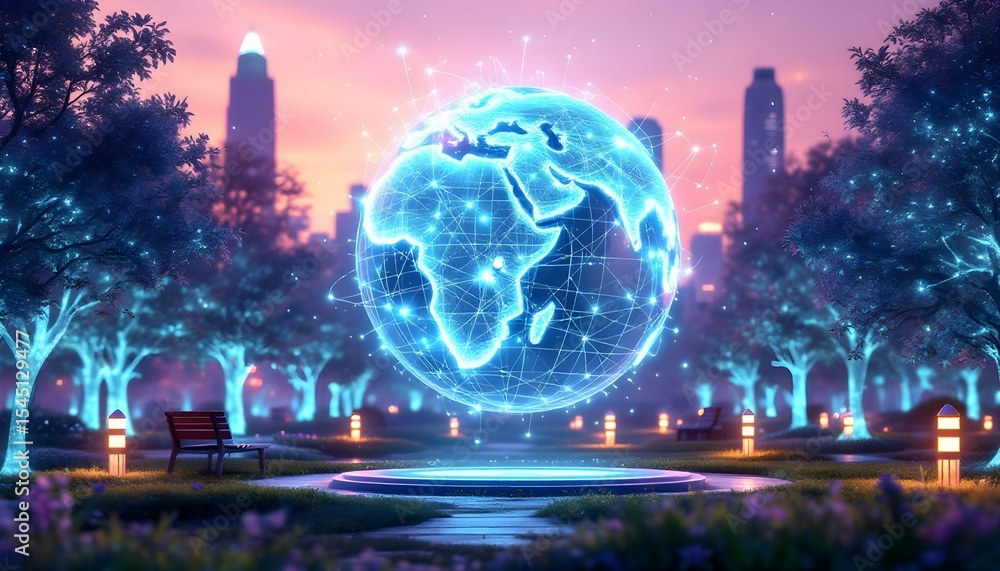 Wall mural holographic globe with interconnected data points and glowing lines, global digital network concept 