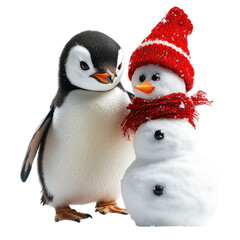 Fototapeta premium Cute penguin standing next to a snowman wearing a red hat and scarf in a winter wonderland, transparent background, cutout PNG