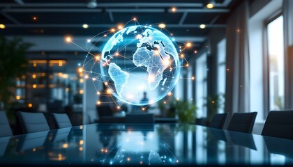 Holographic globe with interconnected data points and glowing lines, global digital network concept .