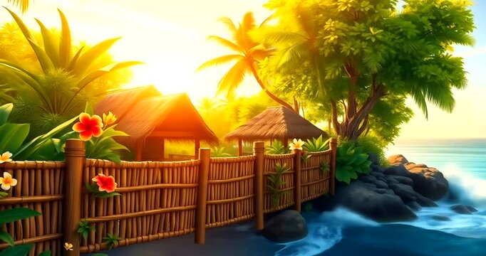 Cartoon bamboo fence with a hut surrounded by green trees and calm ocean waves at noon